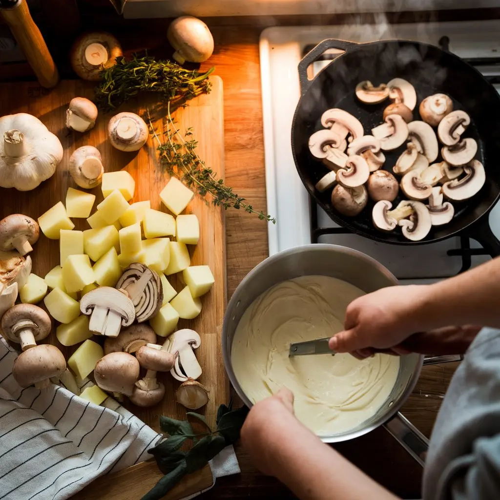 Potatoes and mushrooms with cream sauce