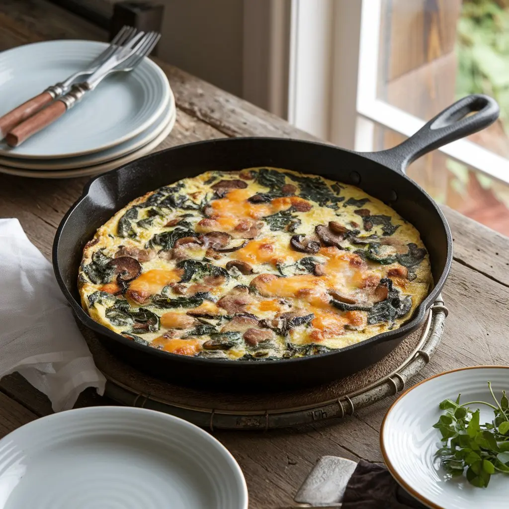 Delicious Spinach and Mushrooms Sausage Frittata with Cheddar Cheese Recipe | Easy & Nutritious