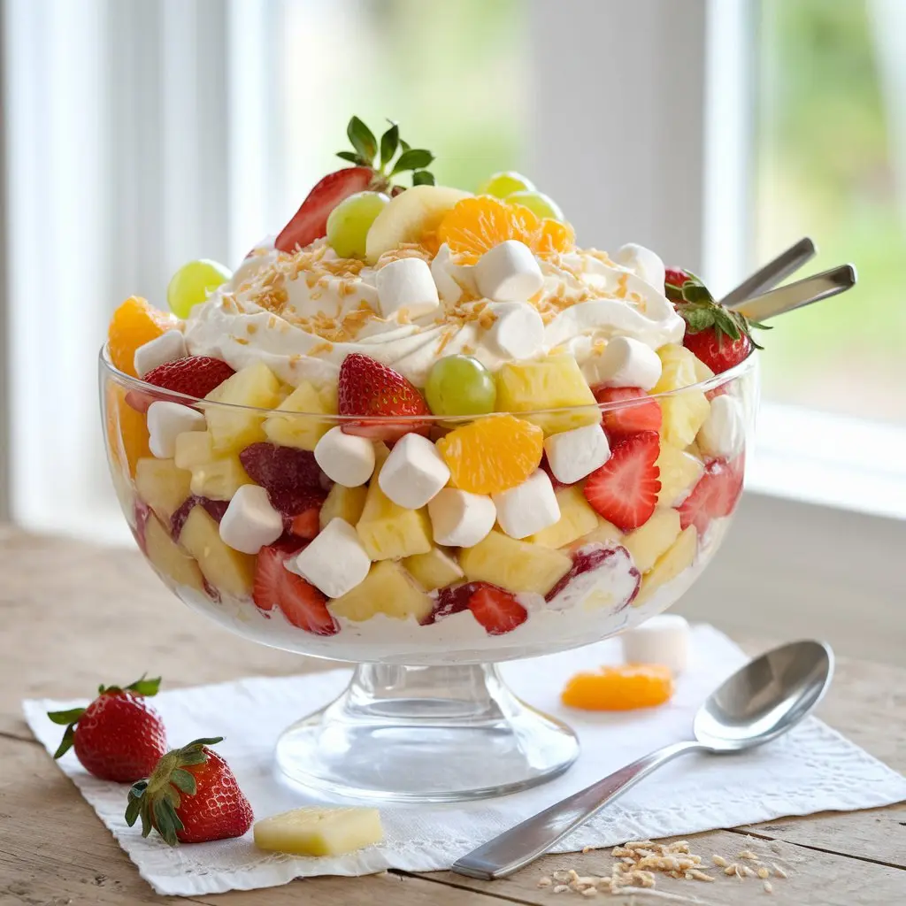 Fruit salad with Cool Whip, creamy fruit salad, easy fruit salad recipe, whipped fruit dessert, marshmallow fruit salad