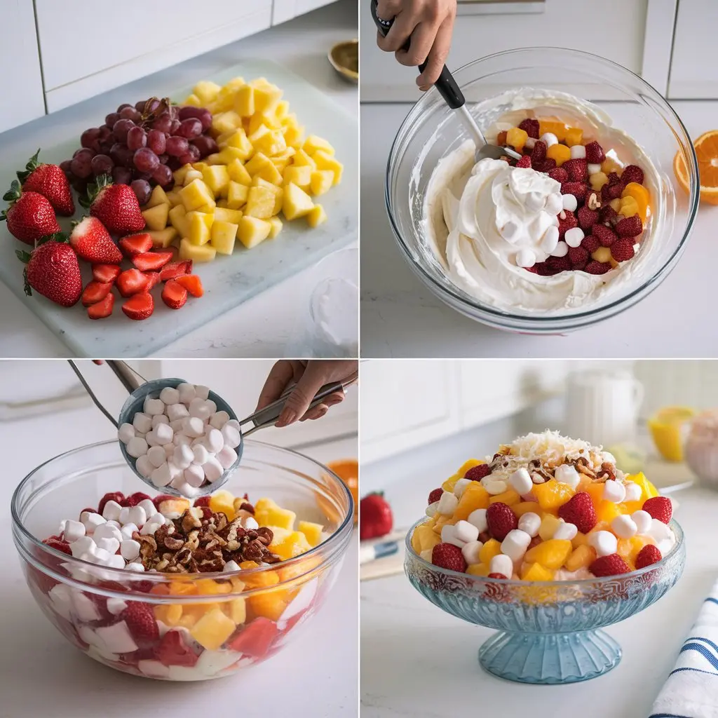 Fruit salad with Cool Whip, creamy fruit salad, easy fruit salad recipe, whipped fruit dessert, marshmallow fruit salad